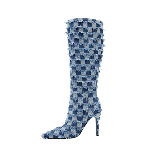 Frayed Checkered Blue Denim Knee High Boots