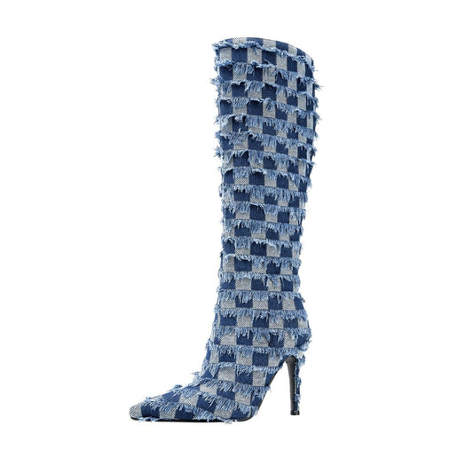 Frayed Checkered Blue Denim Knee High Boots